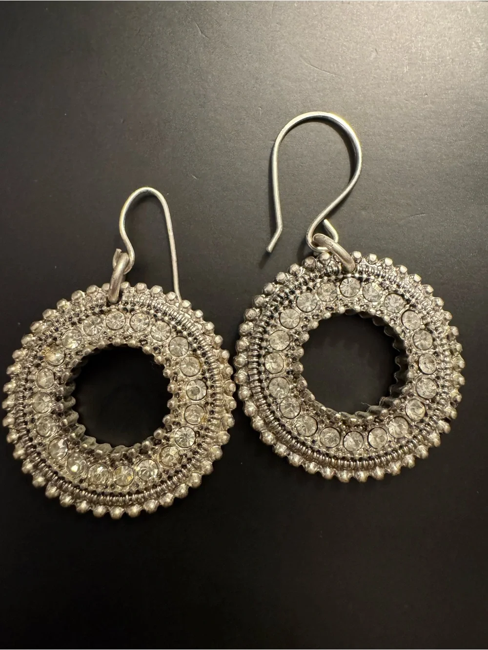 Silver Crystal Circle Drop Earrings - Ornate Pewter Style - 2”